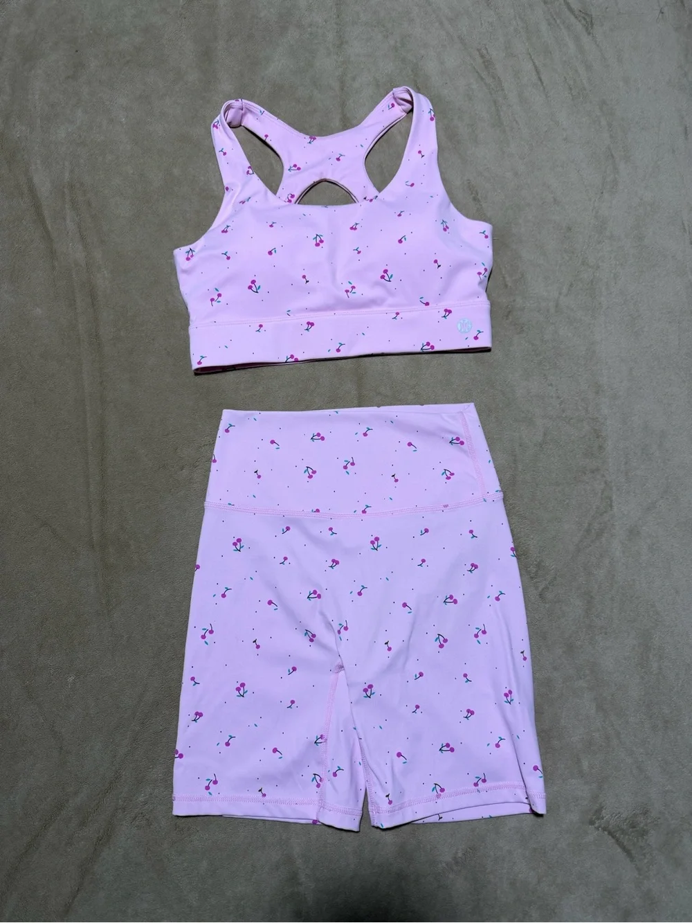 Astoria Light Pink w/ cherries matching Sports Bra & Shorts Activewear Set